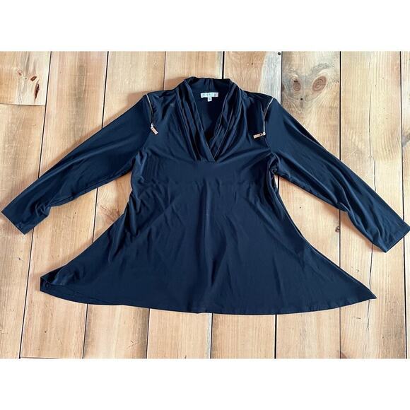 Womens Chaus Long Sleeve Tunic Top Liquid Knit Black Edgy Blouse Stretch Sz XL - Picture 3 of 9